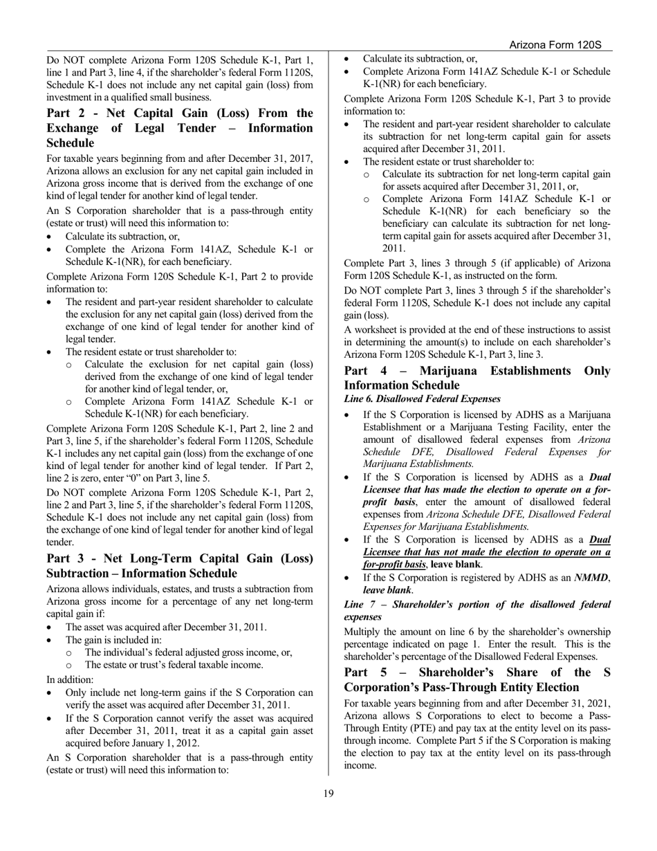 Download Instructions for Arizona Form 120S, ADOR10337 Arizona S