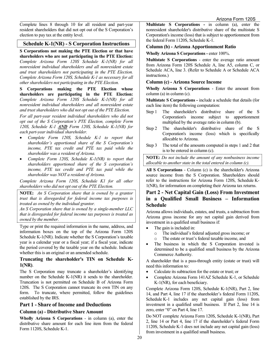 Download Instructions for Arizona Form 120S, ADOR10337 Arizona S