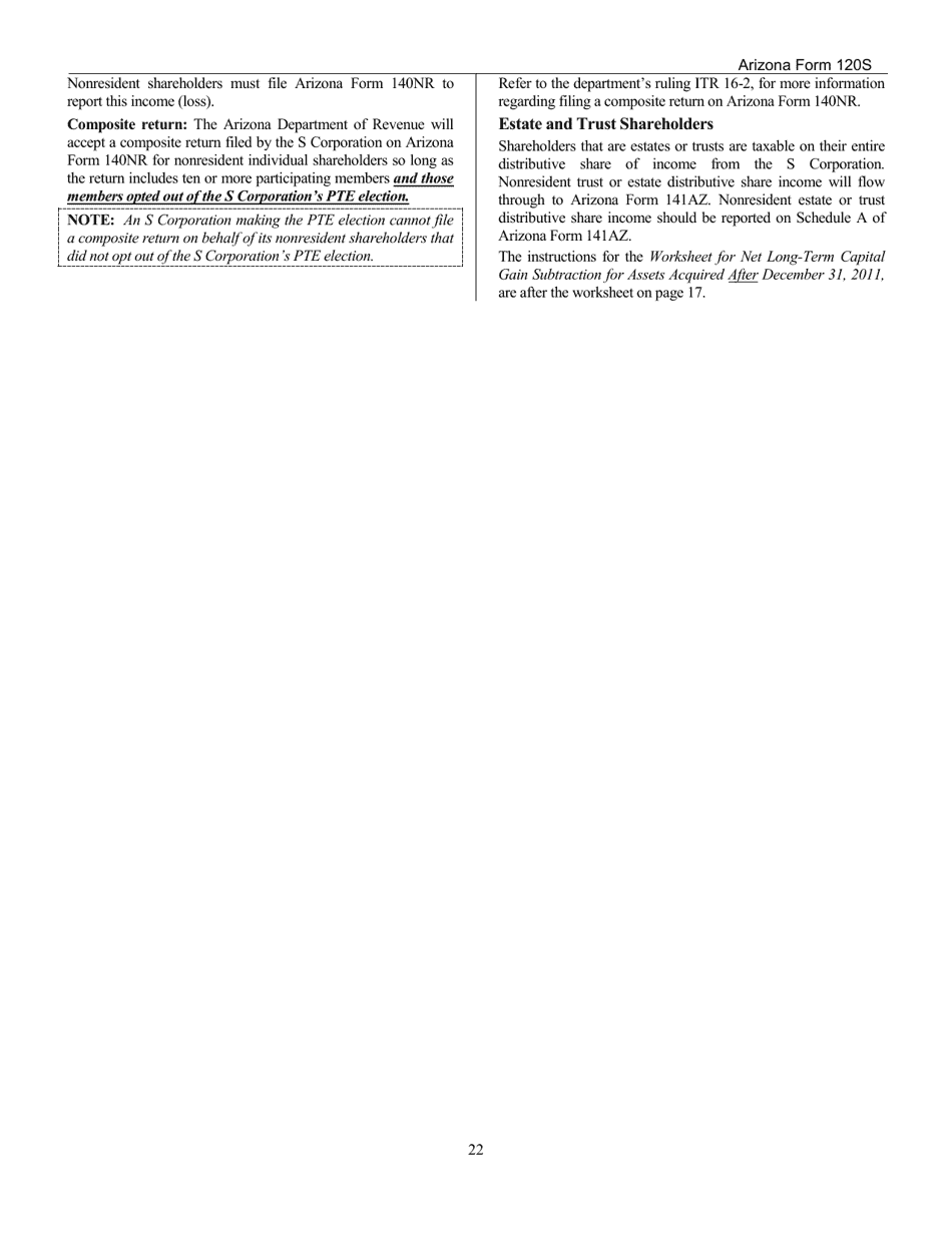 Download Instructions for Arizona Form 120S, ADOR10337 Arizona S