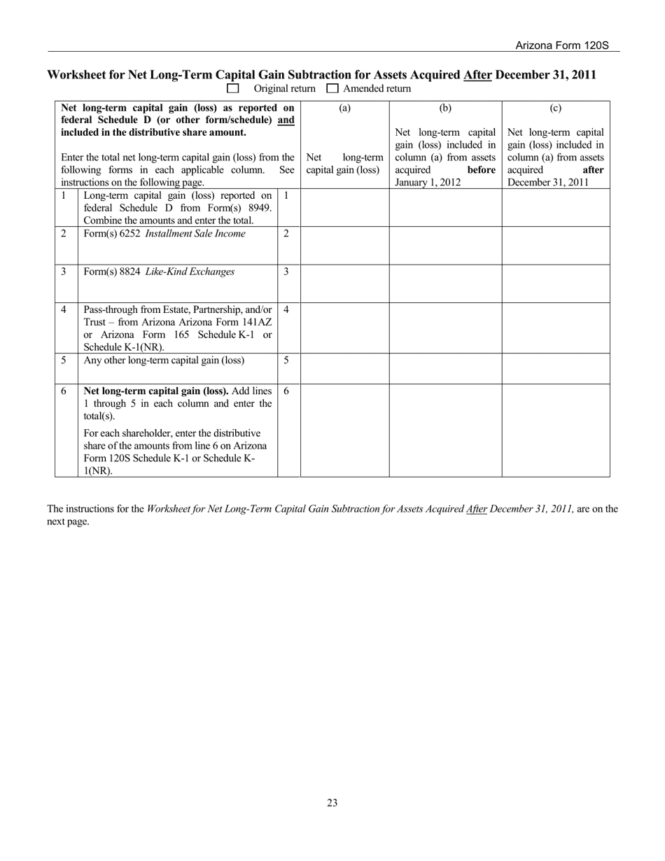 Download Instructions for Arizona Form 120S, ADOR10337 Arizona S
