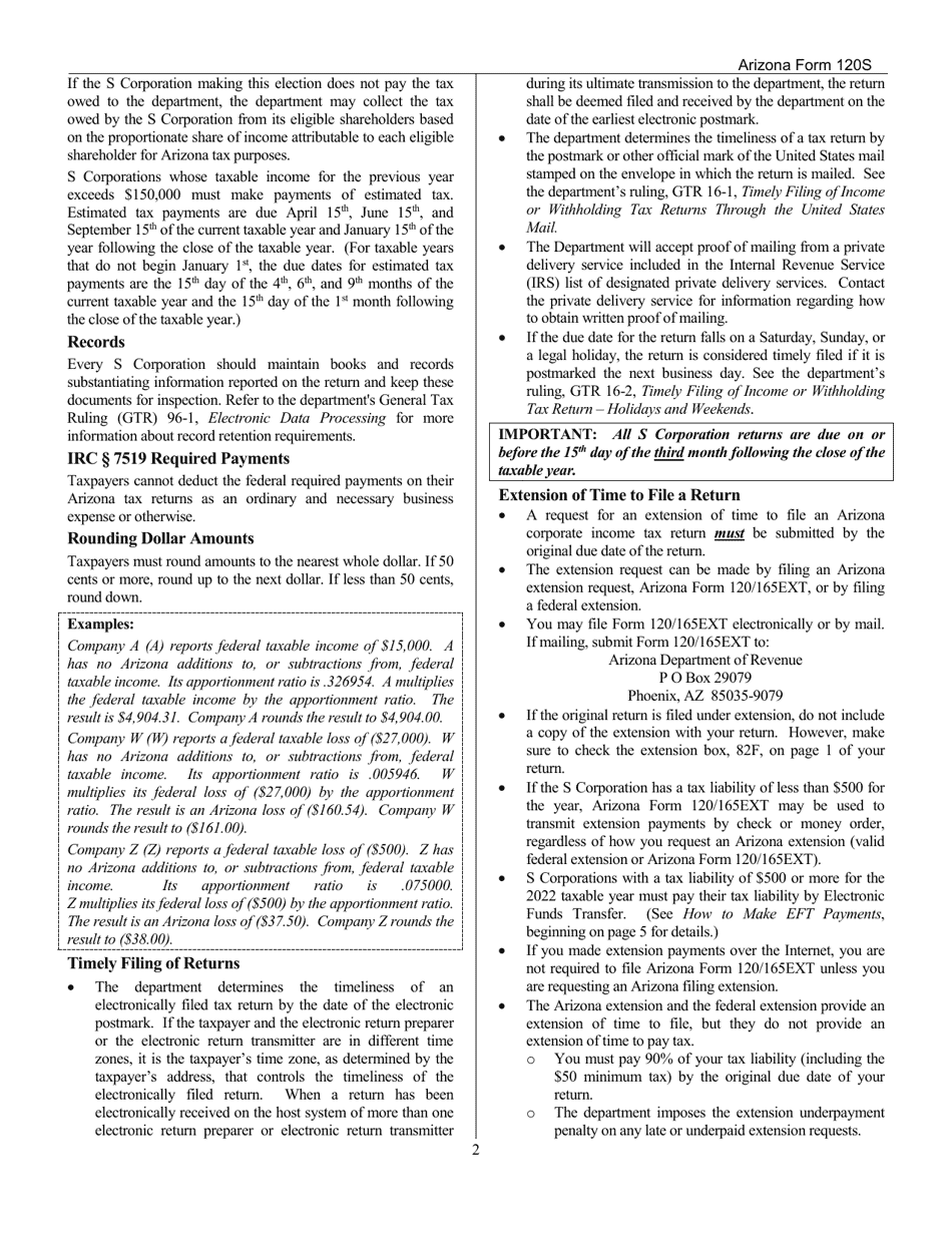 Download Instructions for Arizona Form 120S, ADOR10337 Arizona S