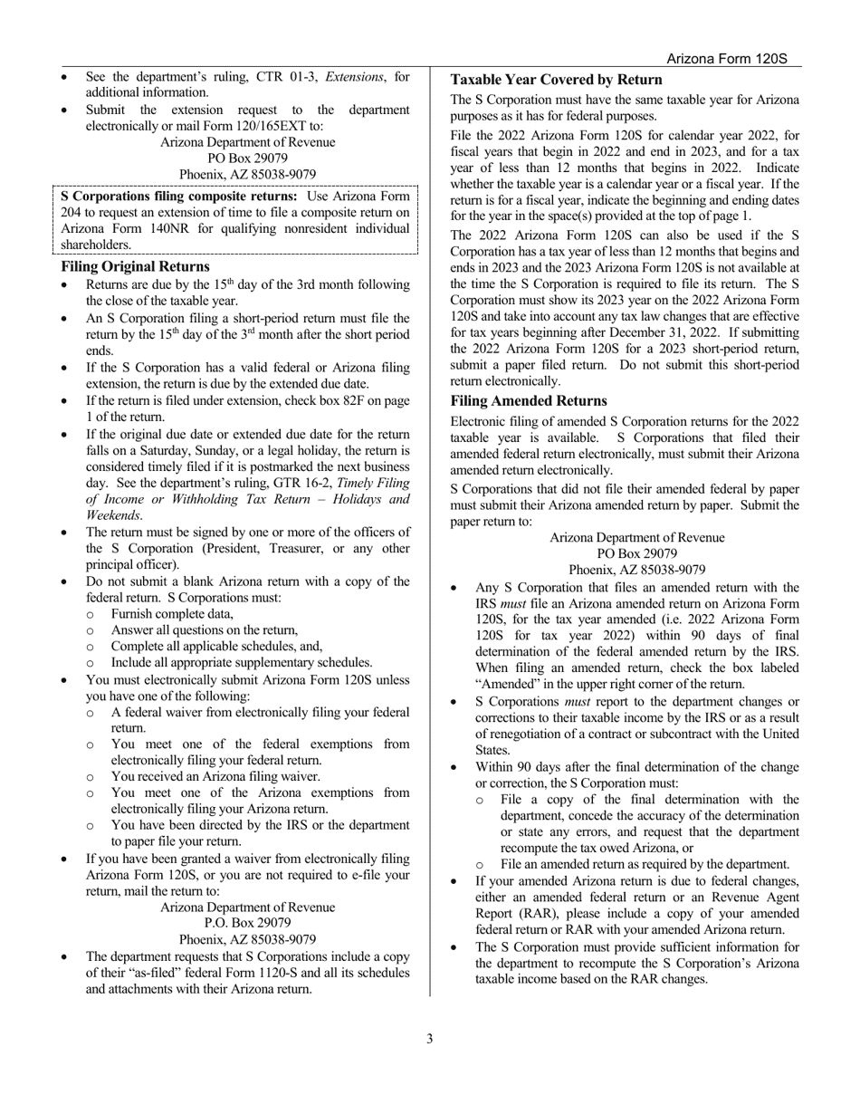 Download Instructions for Arizona Form 120S, ADOR10337 Arizona S