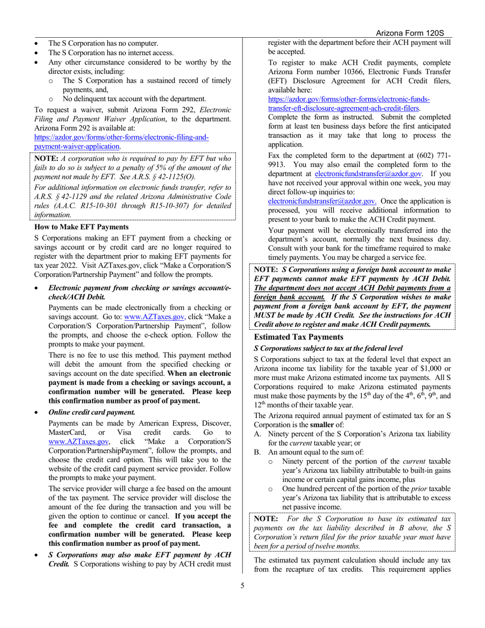 Download Instructions for Arizona Form 120S, ADOR10337 Arizona S