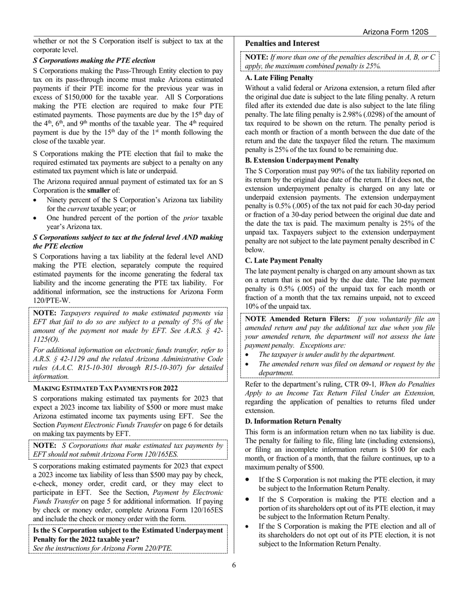 Download Instructions for Arizona Form 120S, ADOR10337 Arizona S