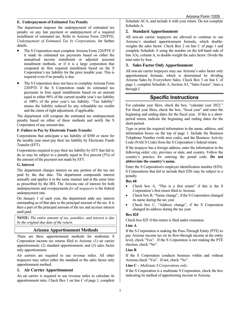 Download Instructions For Arizona Form 120s Ador10337 Arizona S Corporation Income Tax Return 0079