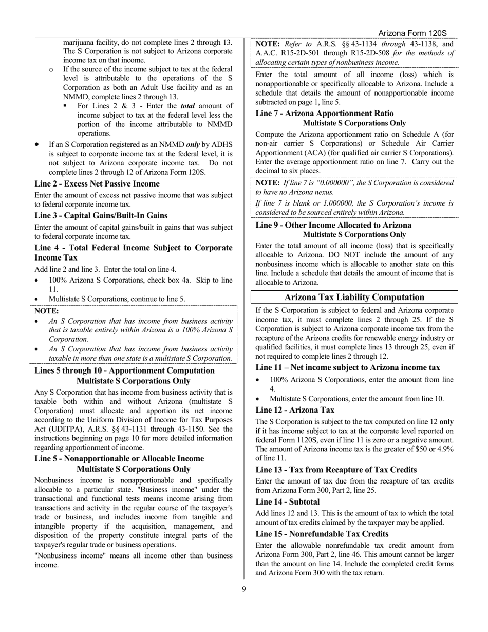 Download Instructions for Arizona Form 120S, ADOR10337 Arizona S