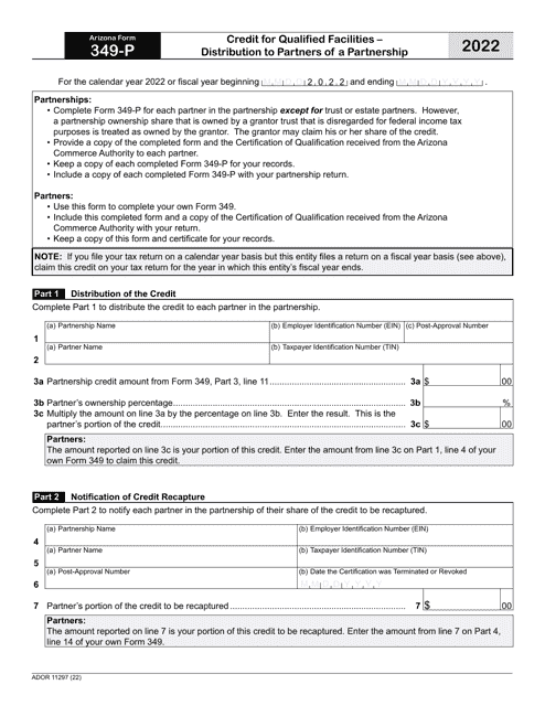 Arizona Form 349-P (ADOR11297) Credit for Qualified Facilities - Distribution to Partners of a Partnership - Arizona, 2022