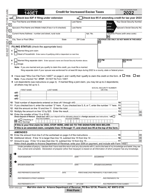 Arizona Form 140ET (ADOR10532) Credit for Increased Excise Taxes - Arizona, 2022