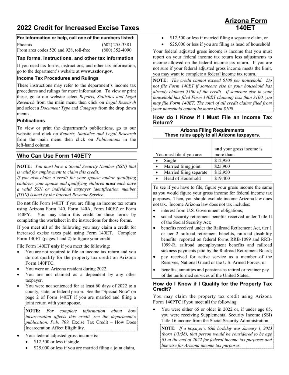 Instructions for Arizona Form 140ET, ADOR10532 Credit for Increased Excise Taxes - Arizona, Page 1
