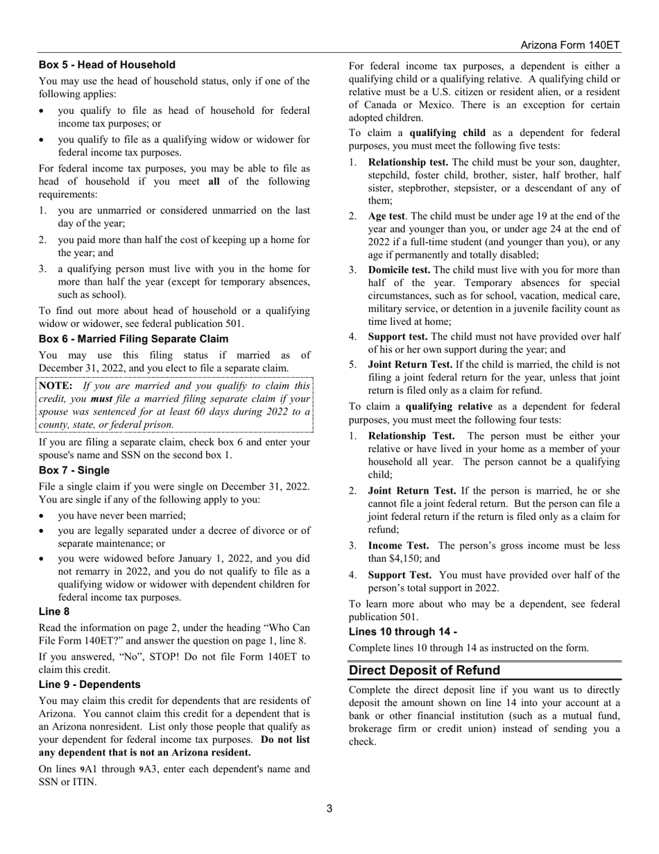 Instructions for Arizona Form 140ET, ADOR10532 Credit for Increased Excise Taxes - Arizona, Page 3