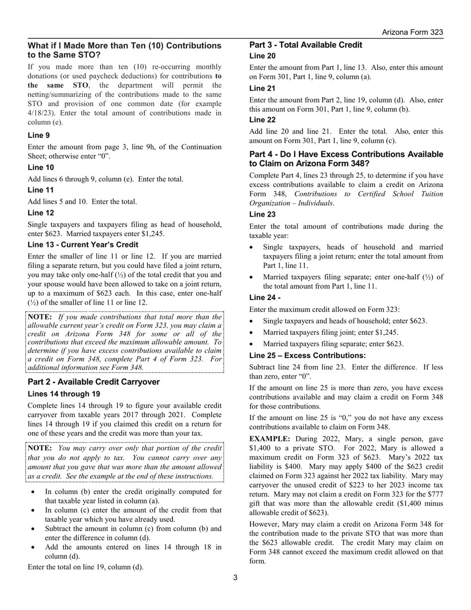 Instructions for Arizona Form 323, ADOR10941 Credit for Contributions to Private School Tuition Organizations - Arizona, Page 3