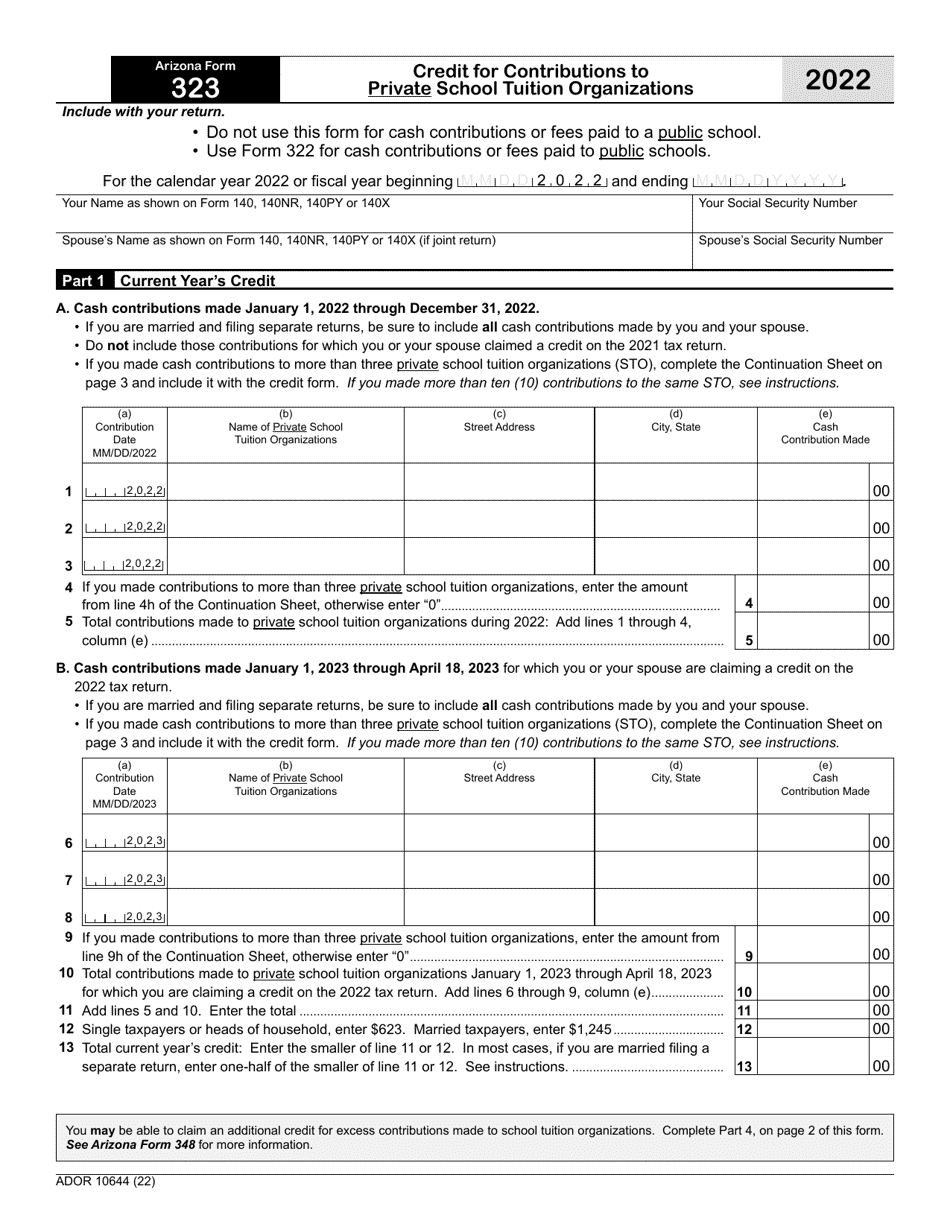 Arizona Form 323 (ADOR10644) Credit for Contributions to Private School Tuition Organizations - Arizona, Page 1