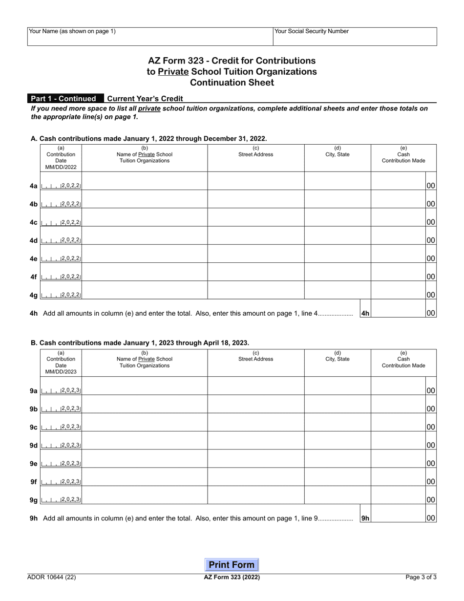 Arizona Form 323 (ADOR10644) Credit for Contributions to Private School Tuition Organizations - Arizona, Page 3