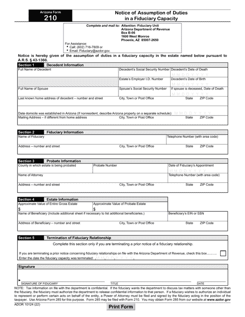 Arizona Form 210 (ADOR10124) Notice of Assumption of Duties in a Fiduciary Capacity - Arizona