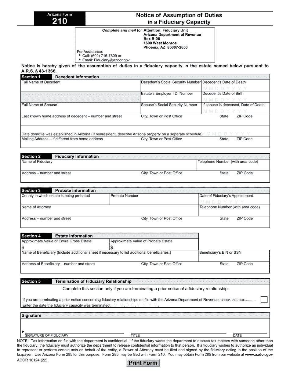Arizona Form 210 (ADOR10124) Notice of Assumption of Duties in a Fiduciary Capacity - Arizona, Page 1
