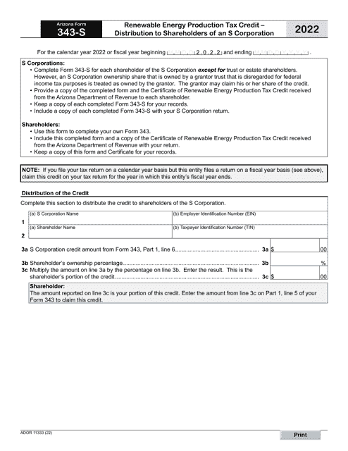 Arizona Form 343-S (ADOR11333) 2022 Printable Pdf