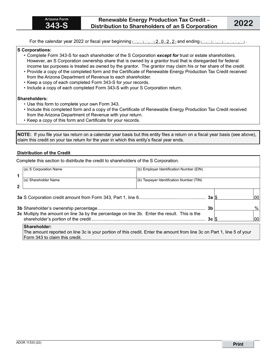 Arizona Form 343-S (ADOR11333) Renewable Energy Production Tax Credit - Distribution to Shareholders of an S Corporation - Arizona, Page 1