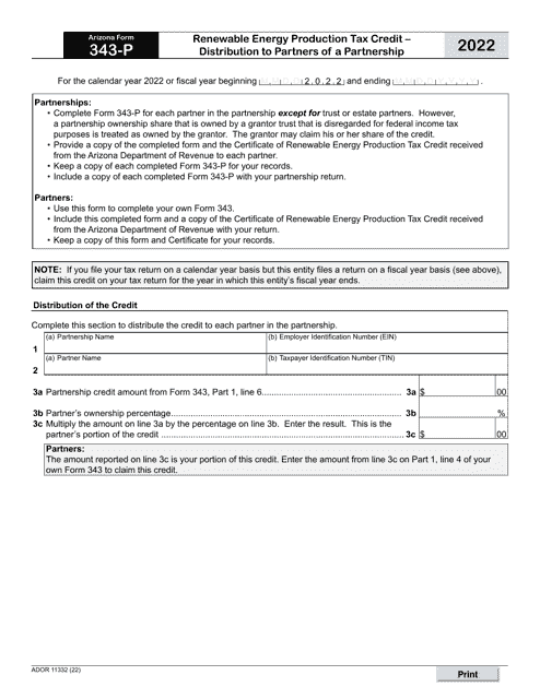 Arizona Form 343-P (ADOR11332) Renewable Energy Production Tax Credit - Distribution to Partners of a Partnership - Arizona, 2022