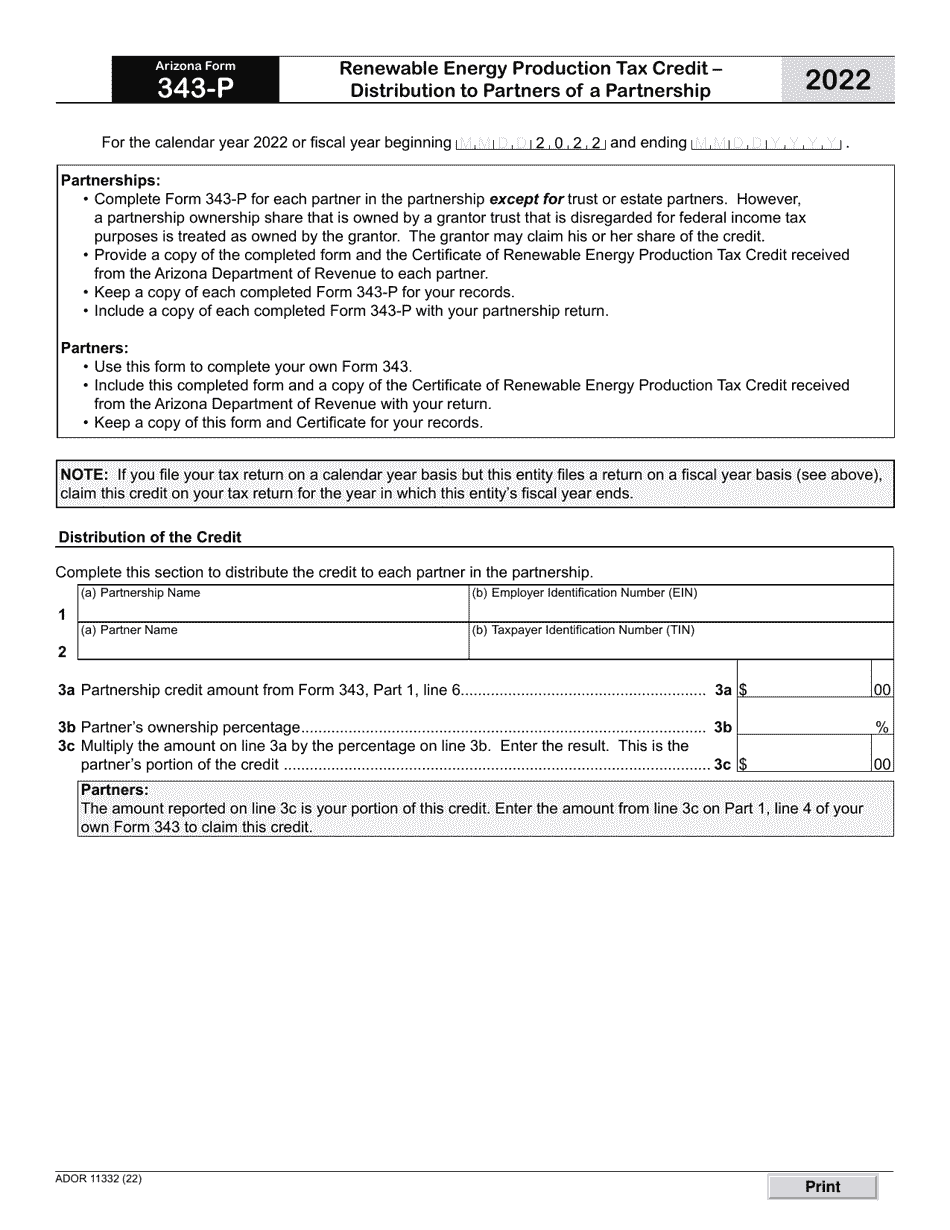 Arizona Form 343-P (ADOR11332) Renewable Energy Production Tax Credit - Distribution to Partners of a Partnership - Arizona, Page 1