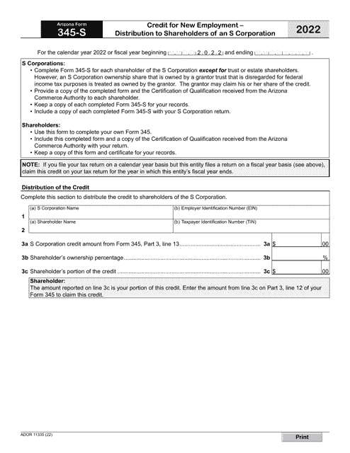 Arizona Form 345-S (ADOR11335) 2022 Printable Pdf