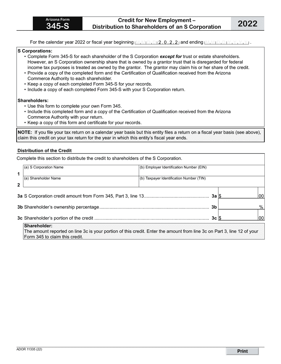 Arizona Form 345-S (ADOR11335) Download Fillable PDF or Fill Online ...