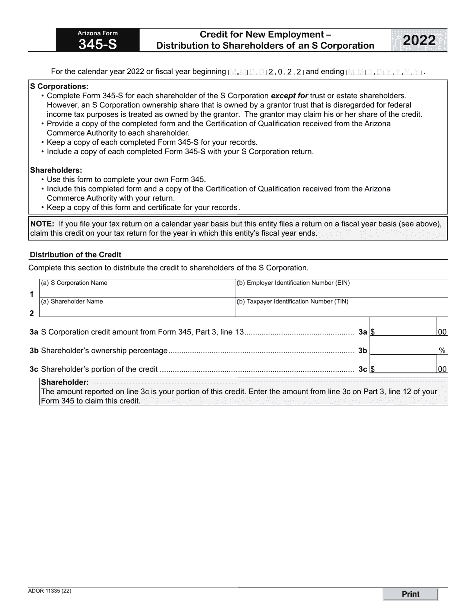 Arizona Form 345-S (ADOR11335) Credit for New Employment - Distribution to Shareholders of an S Corporation - Arizona, Page 1