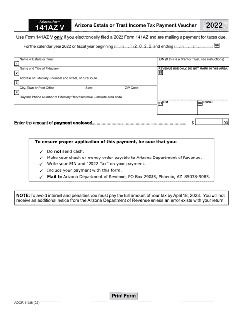 Arizona Form 141AZ V (ADOR11338) 2022 Printable Pdf