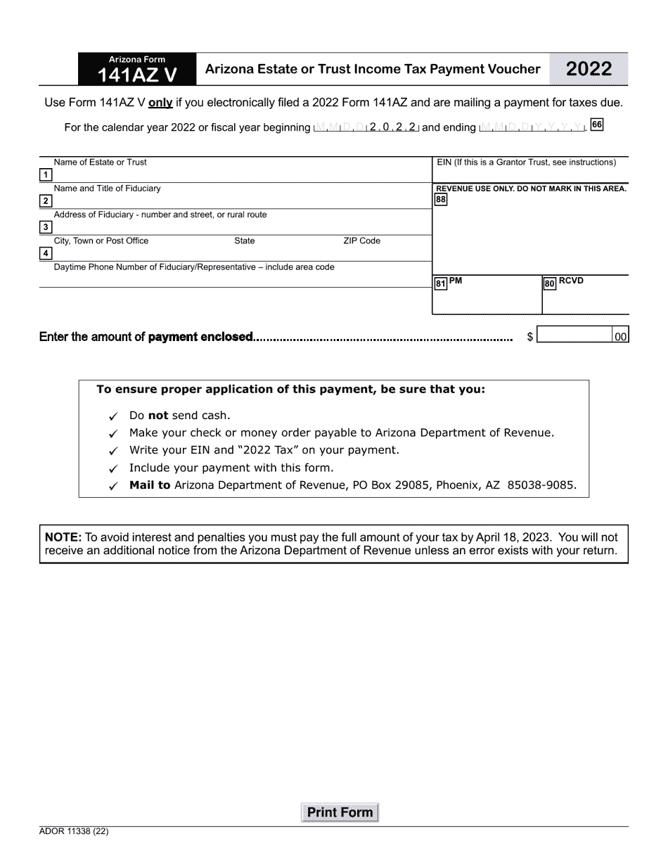 Arizona Form 141AZ V (ADOR11338) Download Fillable PDF or Fill Online