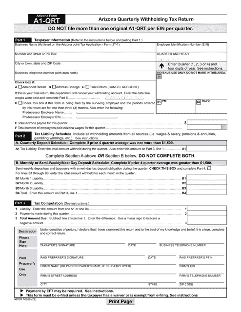 Arizona Form A1-QRT (ADOR10888) Arizona Quarterly Withholding Tax Return - Arizona