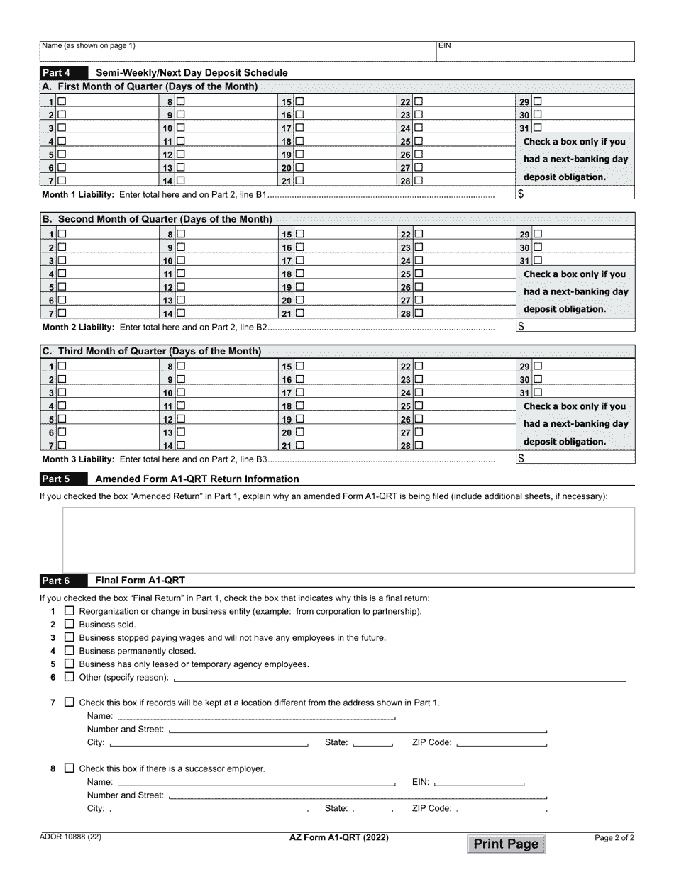 Arizona Form A1-QRT (ADOR10888) Arizona Quarterly Withholding Tax Return - Arizona, Page 2