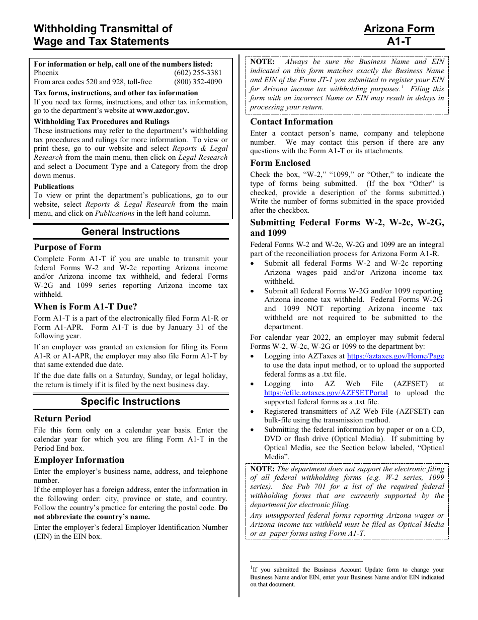 Download Instructions For Arizona Form A1 T ADOR11194 Withholding   Instructions For Arizona Form A1 T Ador11194 Withholding Transmittal Of Wage And Tax Statements Arizona Print Big 