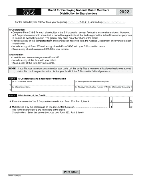 Arizona Form 333-S (ADOR11344) Credit for Employing National Guard Members Distribution to Shareholders - Arizona, 2022