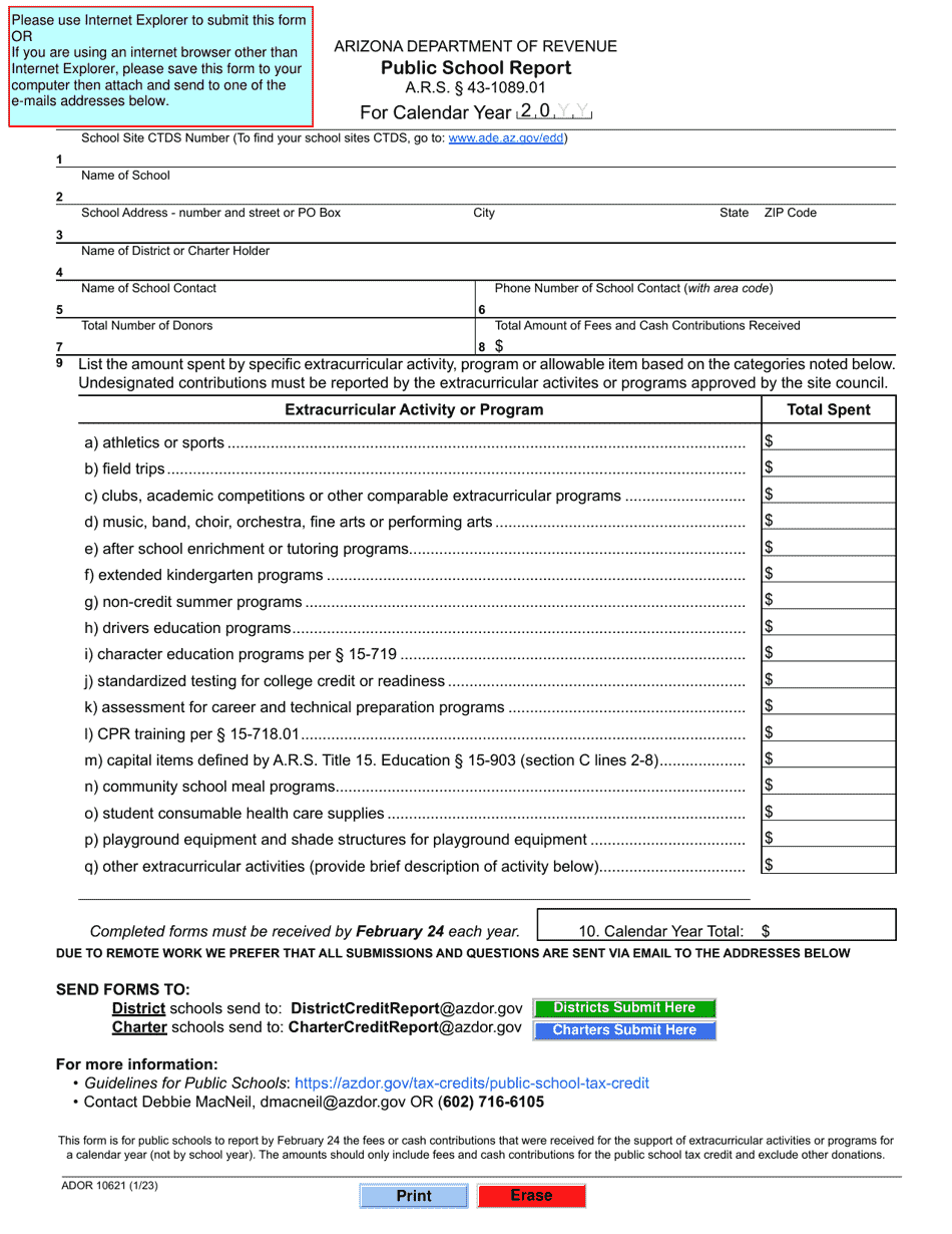 Form ADOR10621 Public School Report - Arizona, Page 1