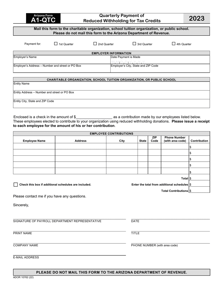 Arizona Form A1 QTC ADOR10762 Download Fillable PDF Or Fill Online   Arizona Form A1 Qtc Ador10762 Quarterly Payment Of Reduced Withholding For Tax Credits Arizona Print Big 