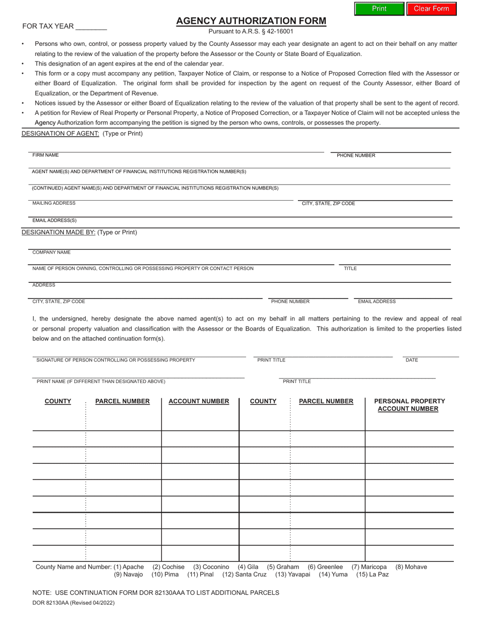 Form ADOR82130AA Agency Authorization Form - Arizona, Page 1