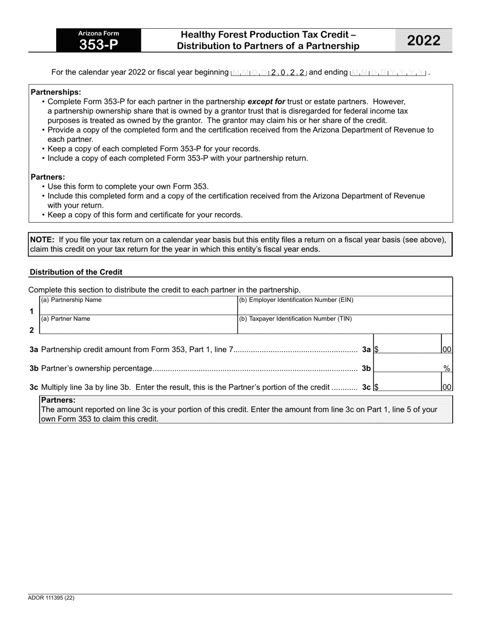 Arizona Form 353-P (ADOR111395) Healthy Forest Production Tax Credit - Distribution to Partners of a Partnership - Arizona, Page 1