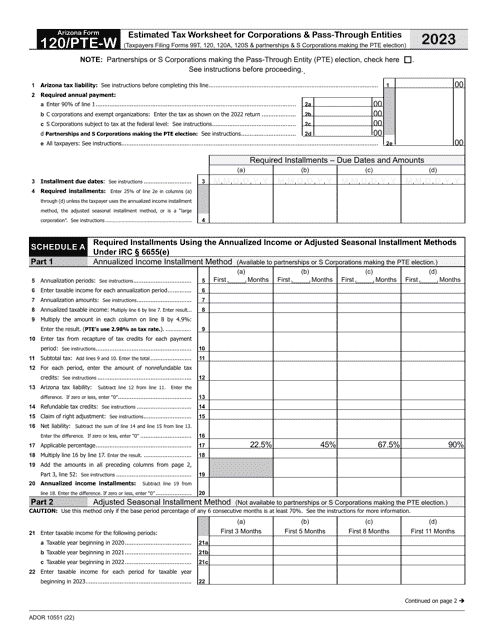 Arizona Form 120/PTE-W (ADOR10551) Estimated Tax Worksheet for Corporations &amp; Pass-Through Entities - Arizona, 2023