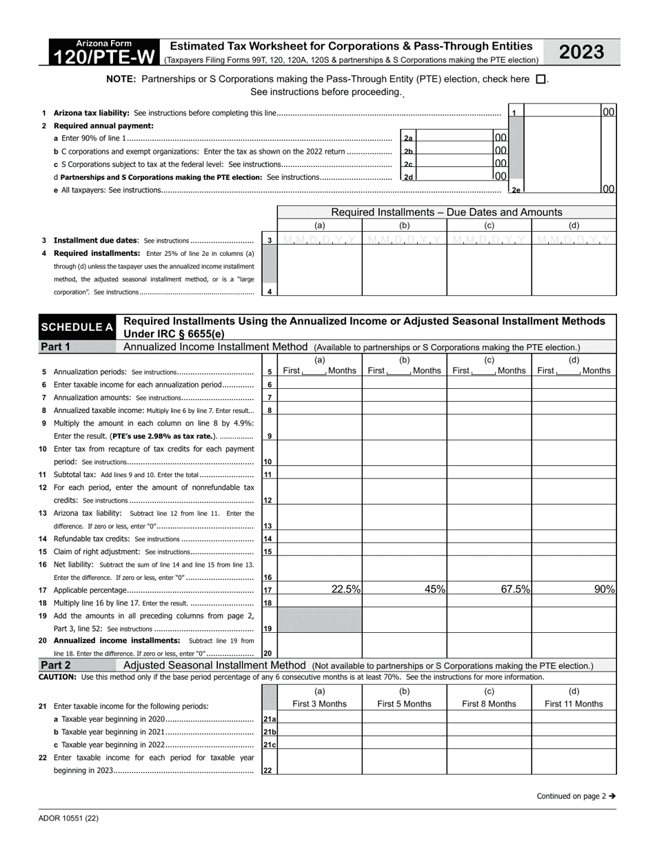 Arizona Form 120 / PTE-W (ADOR10551) Estimated Tax Worksheet for Corporations  Pass-Through Entities - Arizona, Page 1