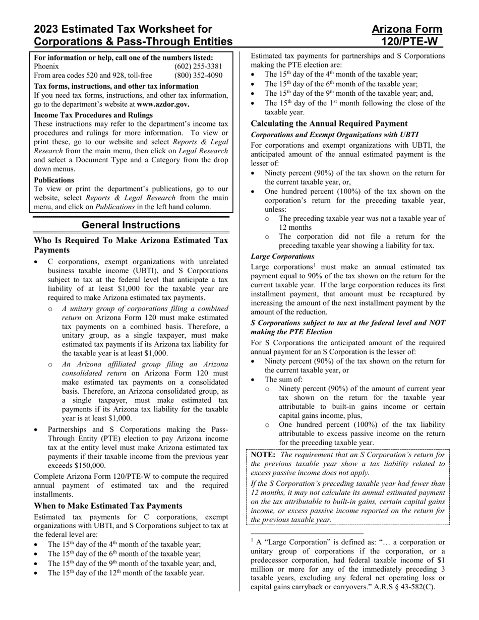 Download Instructions for Arizona Form 120/PTEW, ADOR10551 Estimated