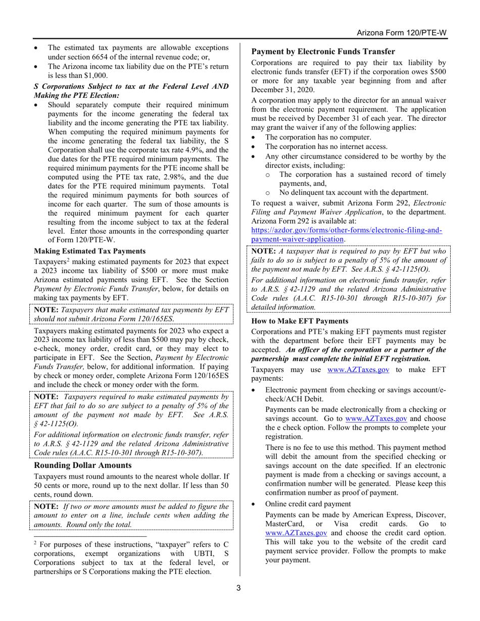 Download Instructions for Arizona Form 120/PTEW, ADOR10551 Estimated