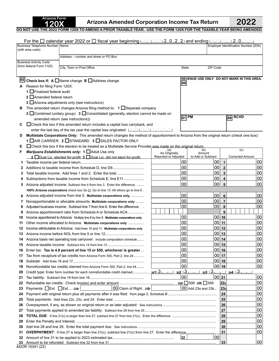 Arizona Form 120X (ADOR10341) Arizona Amended Corporation Income Tax Return - Arizona, Page 1