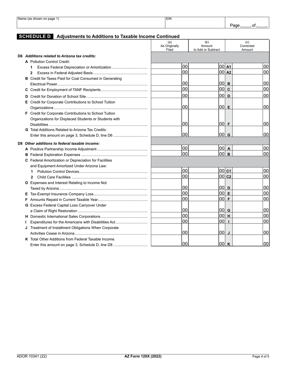 Arizona Form 120X (ADOR10341) Arizona Amended Corporation Income Tax Return - Arizona, Page 4