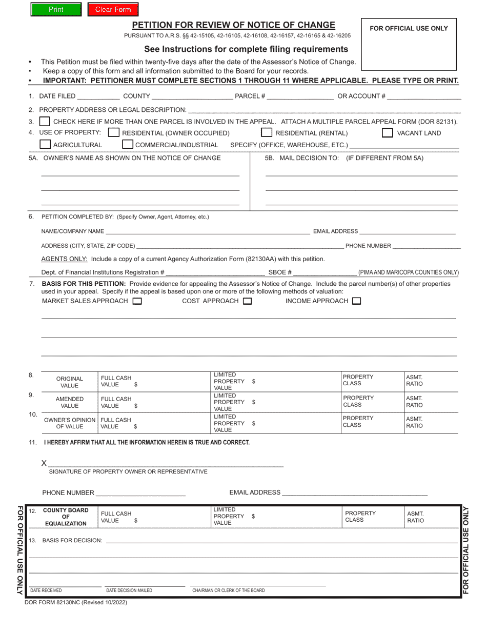 Form ADOR82130NC Petition for Review of Notice of Change - Arizona, Page 1