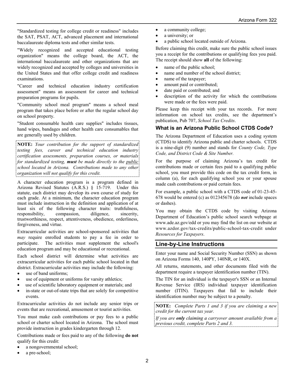 Instructions for Arizona Form 322, ADOR10941 Credit for Contributions Made or Fees Paid to Public Schools - Arizona, Page 2