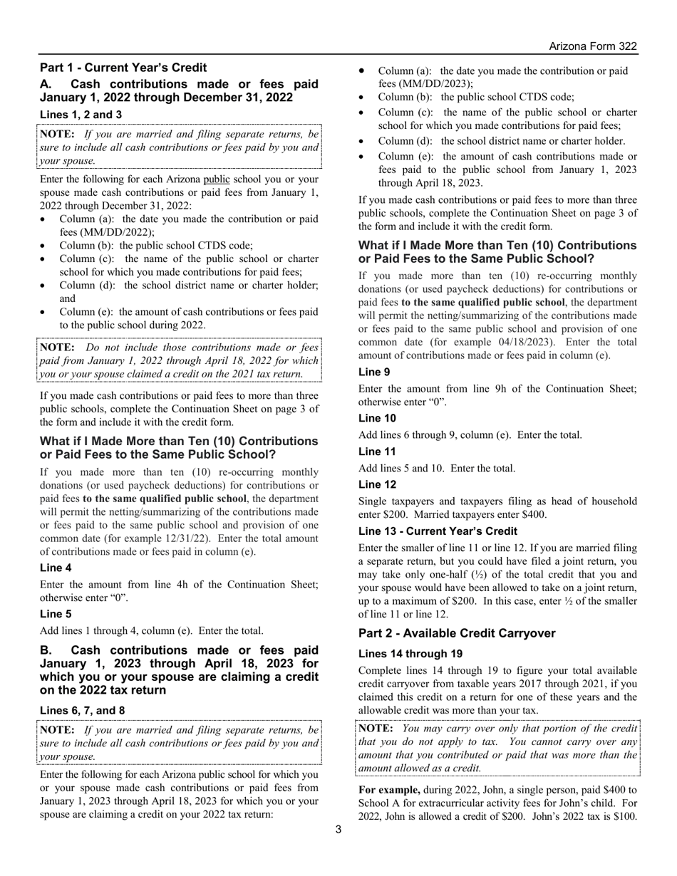Instructions for Arizona Form 322, ADOR10941 Credit for Contributions Made or Fees Paid to Public Schools - Arizona, Page 3