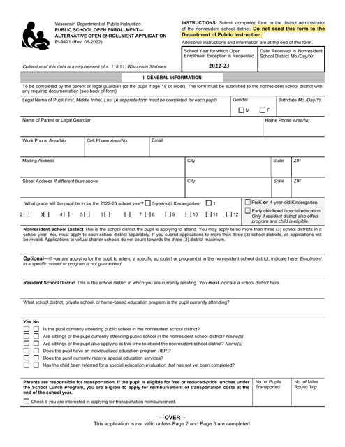 Form PI-9421 Public School Open Enrollment - Alternative Open Enrollment Application - Wisconsin, 2023