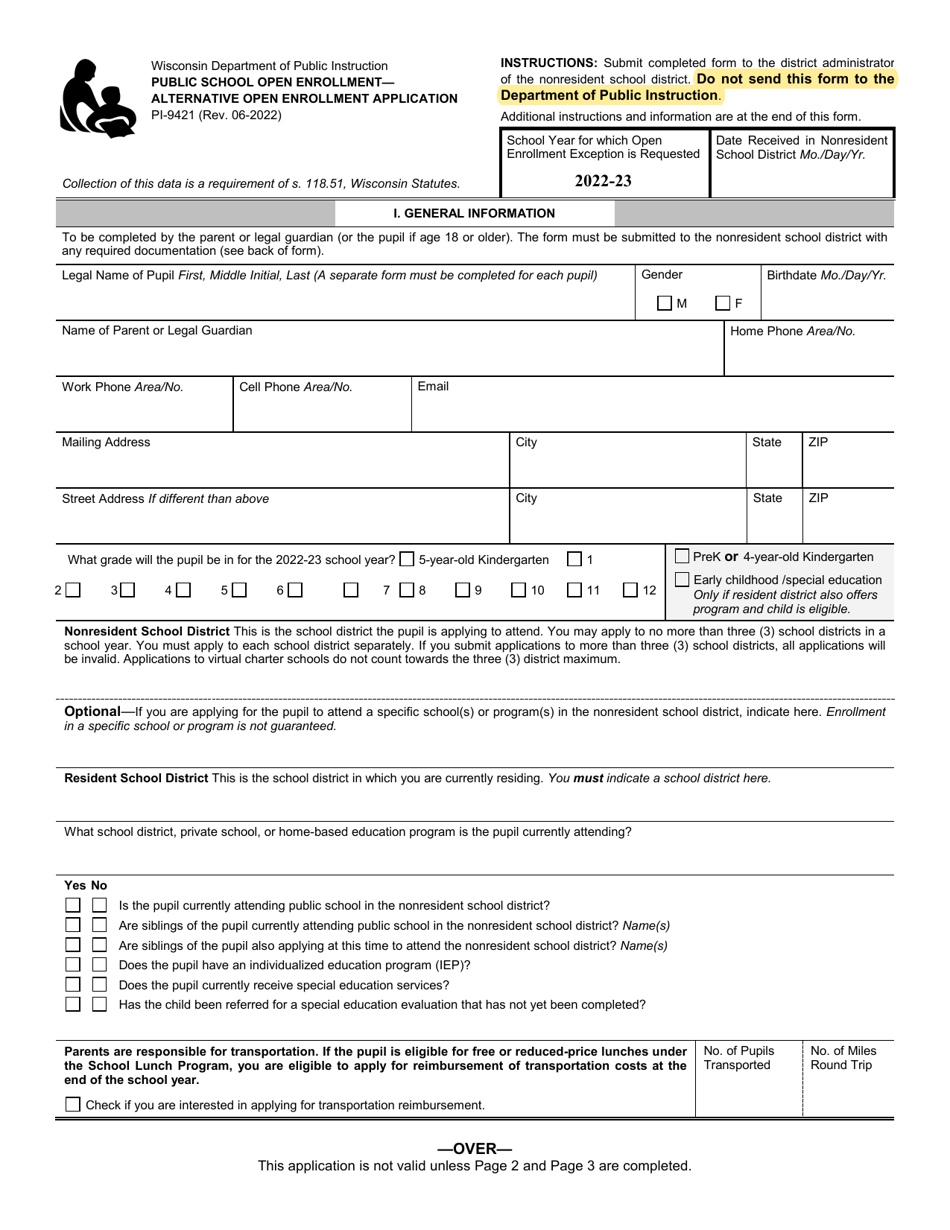 Form PI-9421 Public School Open Enrollment - Alternative Open Enrollment Application - Wisconsin, Page 1