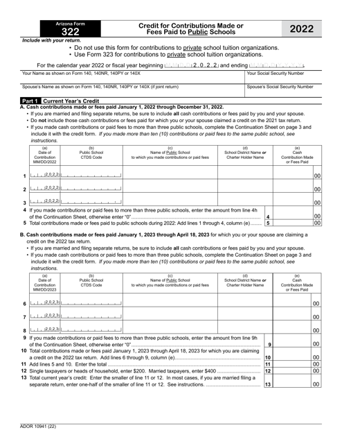 Arizona Form 322 (ADOR10941) Credit for Contributions Made or Fees Paid to Public Schools - Arizona, 2022