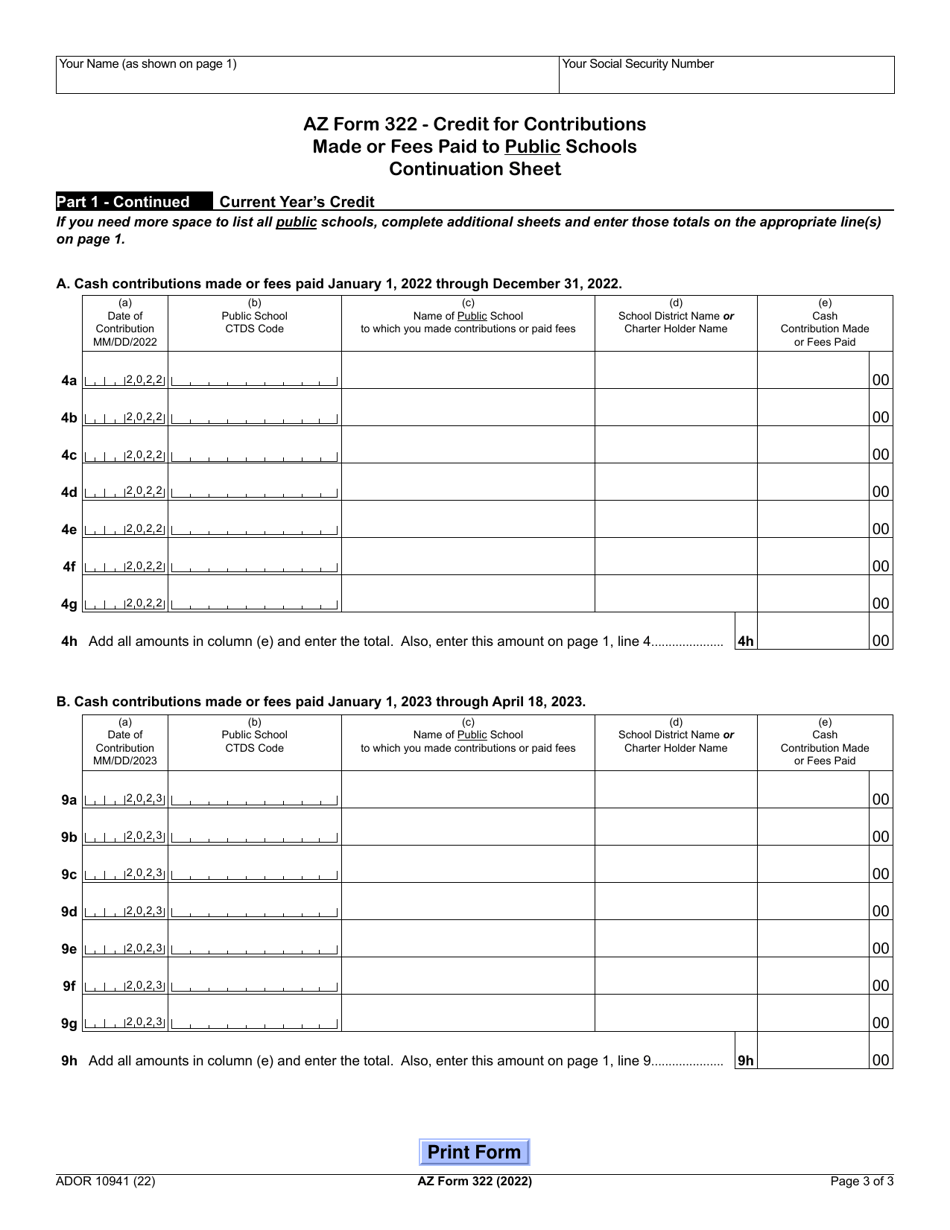 Arizona Form 322 (ADOR10941) Credit for Contributions Made or Fees Paid to Public Schools - Arizona, Page 3