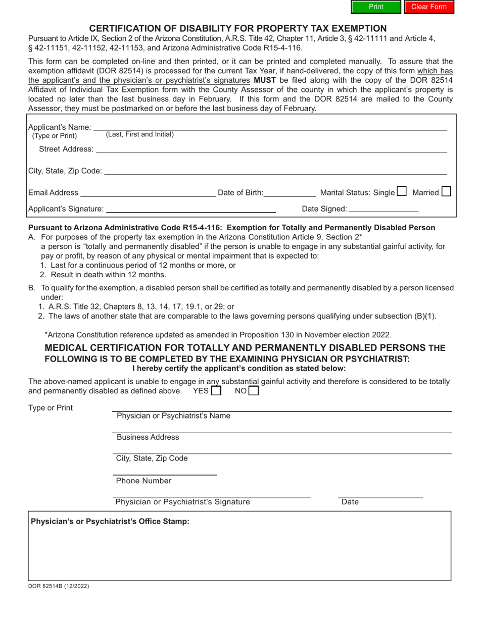 Form DOR82514B Certification of Disability for Property Tax Exemption - Arizona, Page 1
